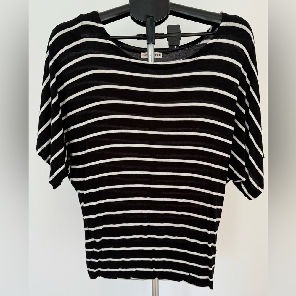 Zenana Outfitters Black & White Striped Batwing Tee | Size Small | Relaxed Fit - Picture 1 of 3